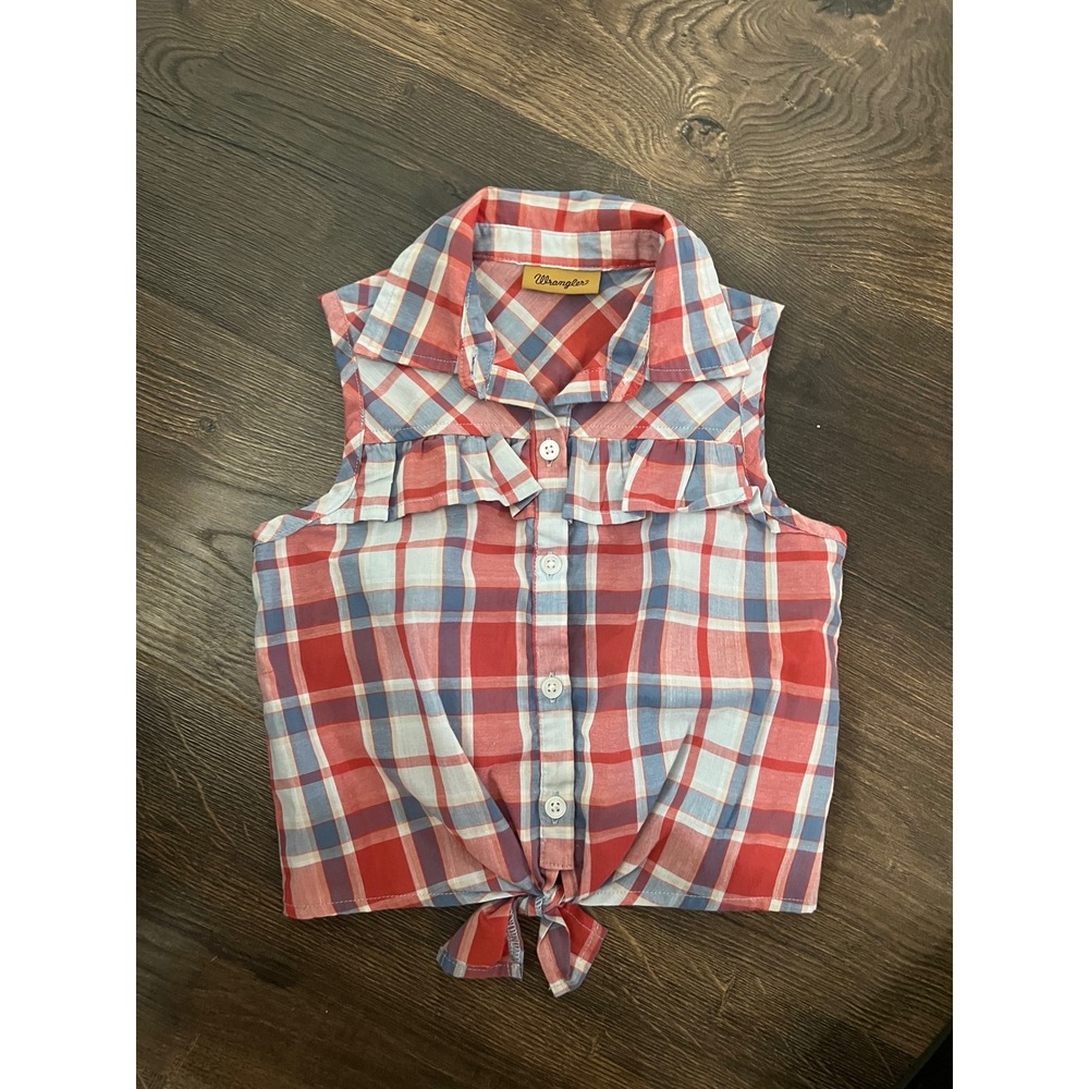 Wrangler Girls Plaid Sleeveless Tie Front Button Down Shirt Red Blue XS GW2000M‎